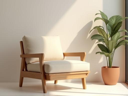 Comfortable wooden armchair with simple design reflecting urban tranquility