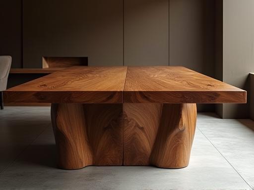 Large wooden dining table with unique leg design inspired by mountains