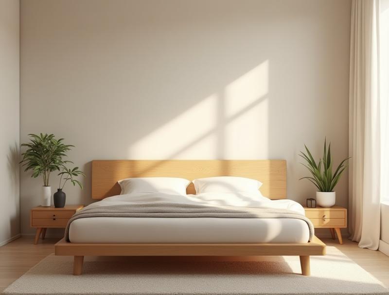 Modern wooden bed frame in bedroom with neutral decor