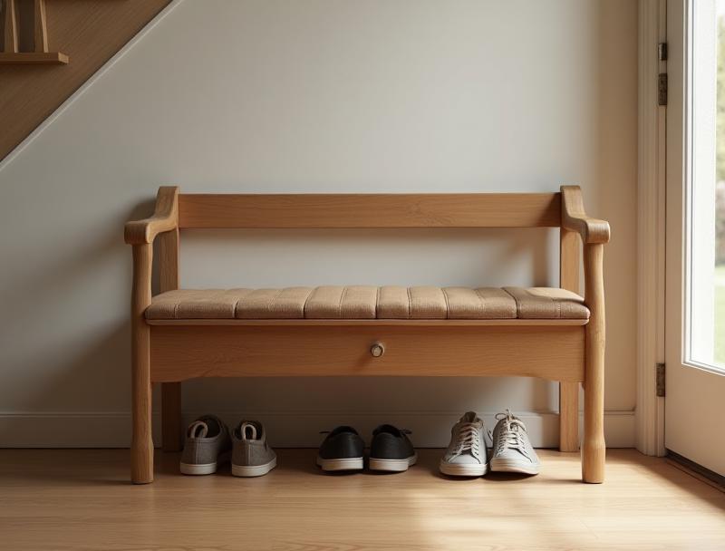 Wooden bench near an entrance door
