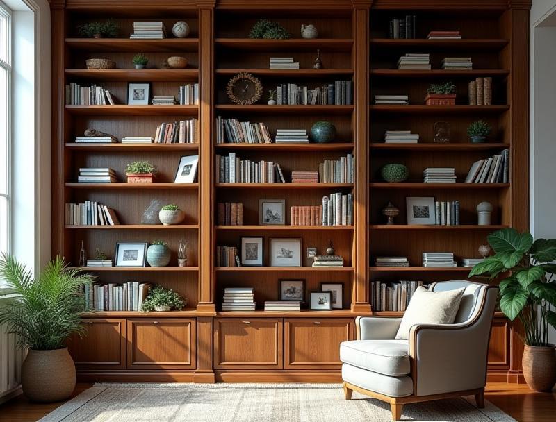Tall wooden bookshelf filled with books and decorative items