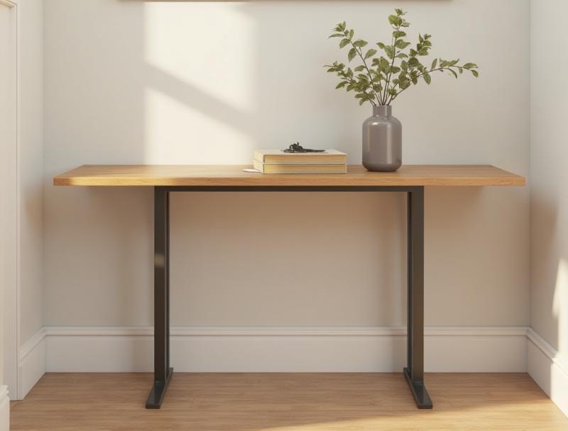 Slim wooden console table in a hallway entrance