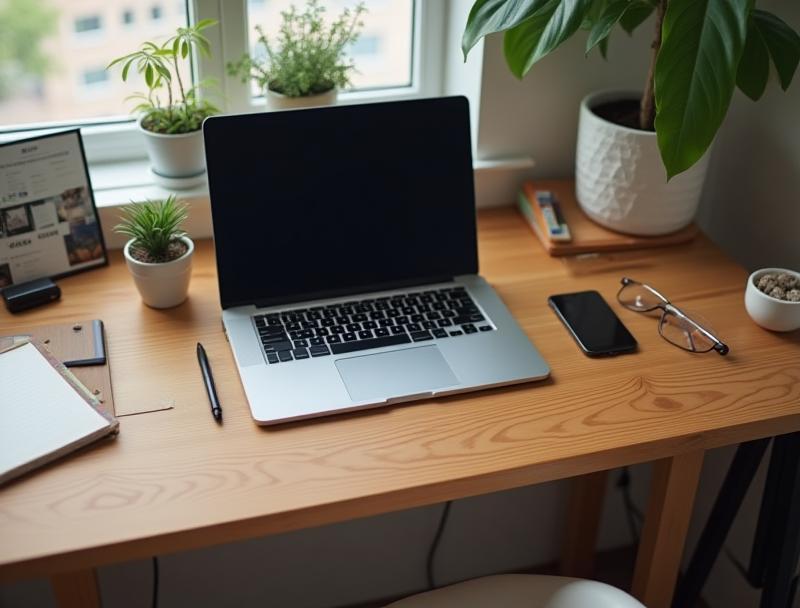 Wooden desk with laptop, plant, and office accessories